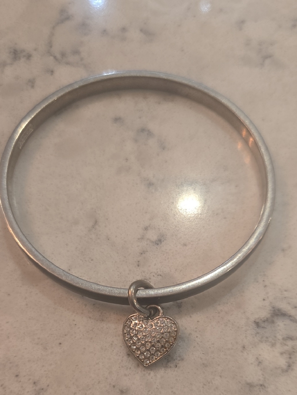 Coach Black Enamel Pavé Crystal Heart Charm Bangle Bracelet Silver Tone